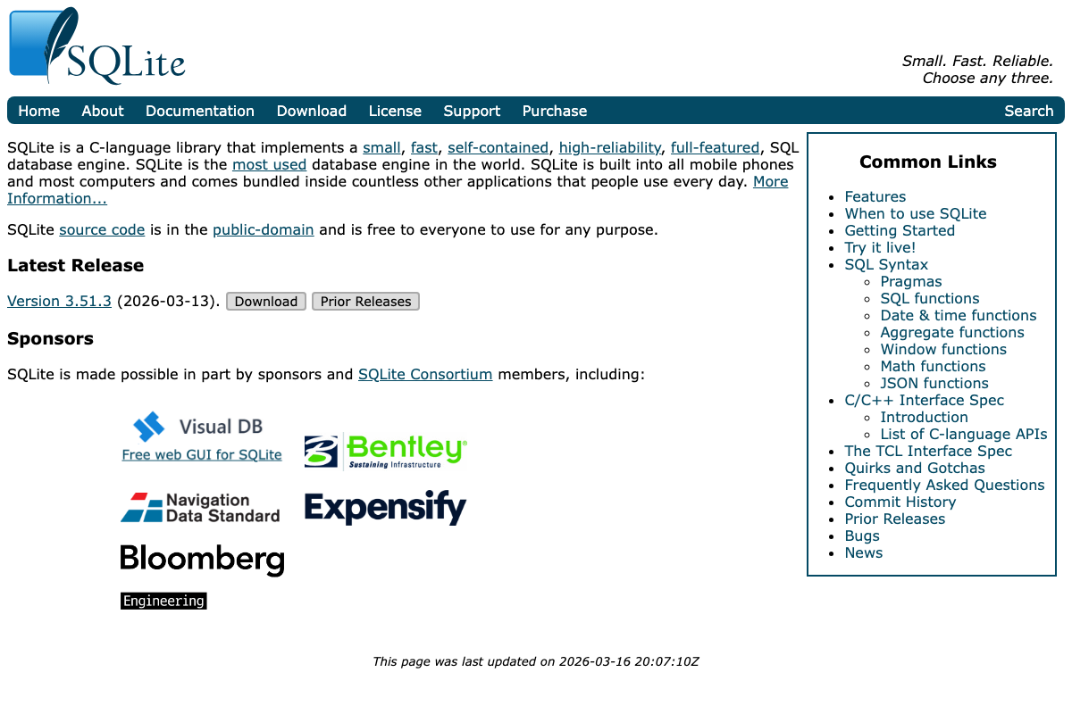 SQLite.org showing version 3.51.3 (2026-03-13) — self-contained, serverless, public-domain; ships pre-installed on most developer machines