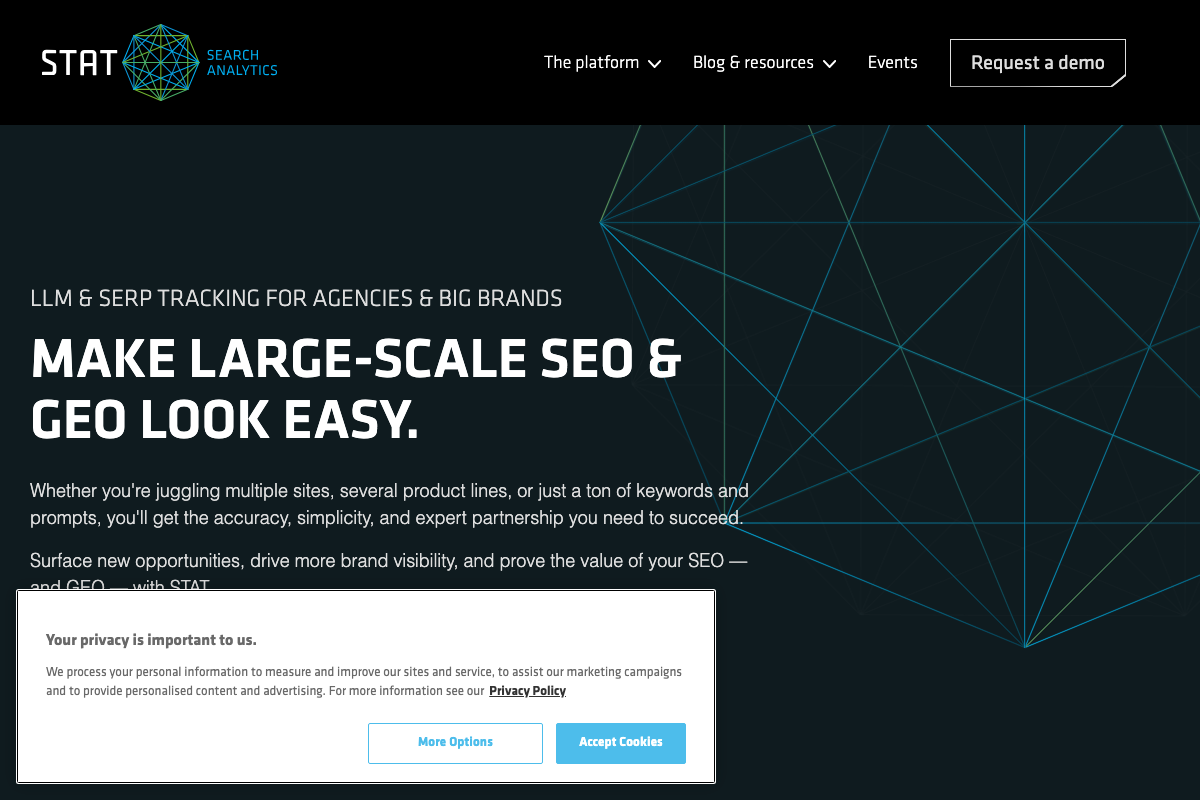 STAT homepage showing current positioning as an LLM and SERP tracking platform for agencies and large brands.