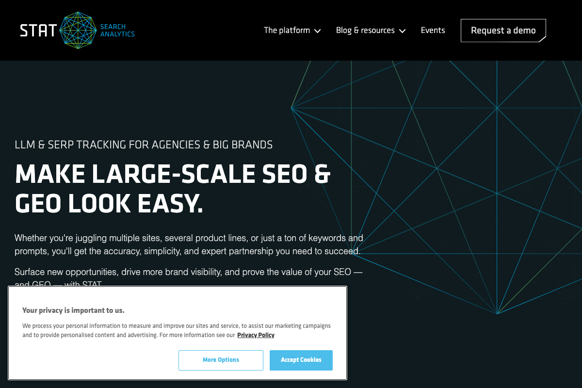 STAT Search Analytics homepage positioned as 'LLM & SERP Tracking for Agencies & Big Brands,' explicitly naming prompt tracking alongside keyword tracking as a core platform capability.