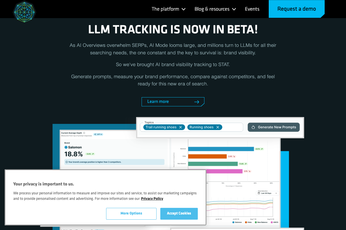 STAT LLM tracking beta UI showing topic-based brand visibility measurement against competitors — a feature added after the 2023 tutorial.