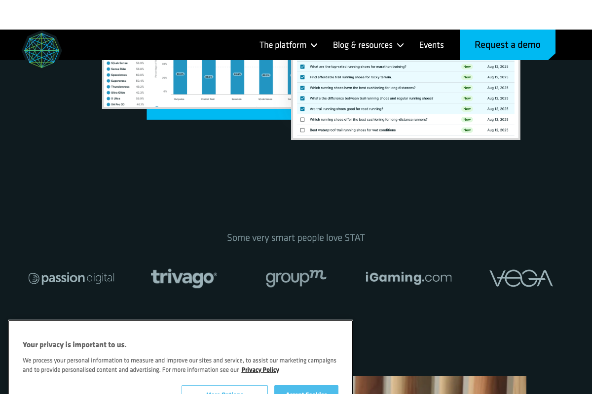 STAT LLM tracking prompt list showing seven conversational, long-tail prompts auto-generated from 'Trail running shoes' and 'Running shoes' topic inputs, each labeled 'New' with an Aug 12, 2025 creation date.