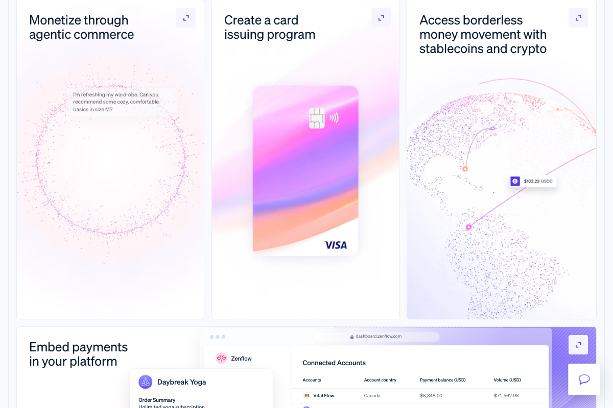 Stripe product page showing agentic commerce and embedded payment features — no token expiry or use-limit controls are documented in any Stripe screenshot