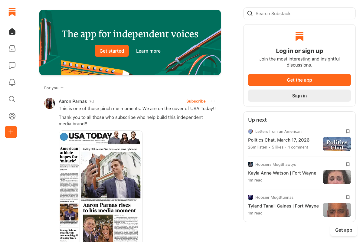Substack consumer reading feed confirming the platform's existence as an active publishing destination for independent writers.
