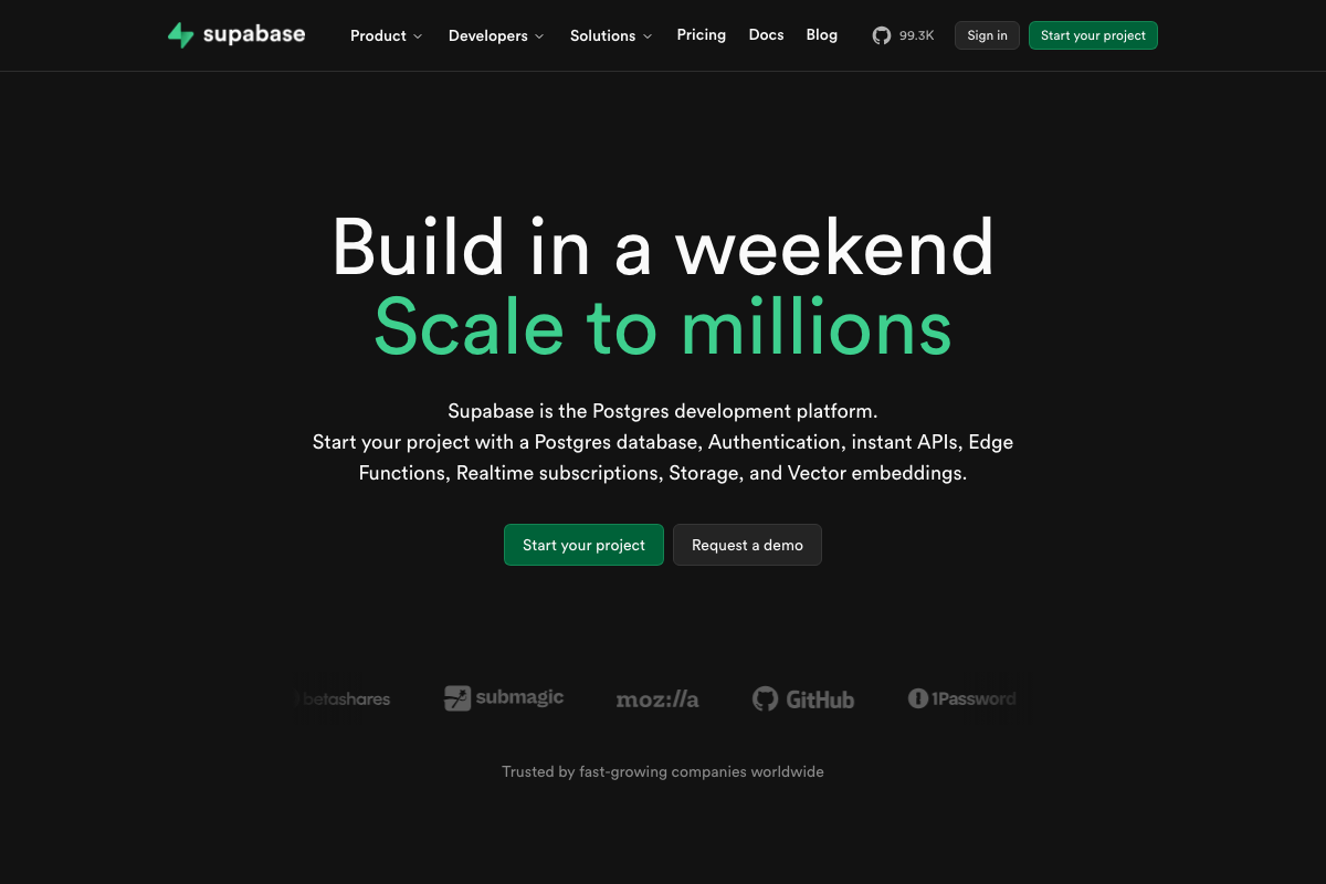 Supabase homepage confirming platform scope: Postgres, auth, APIs, Edge Functions, Realtime, Storage, and Vector.