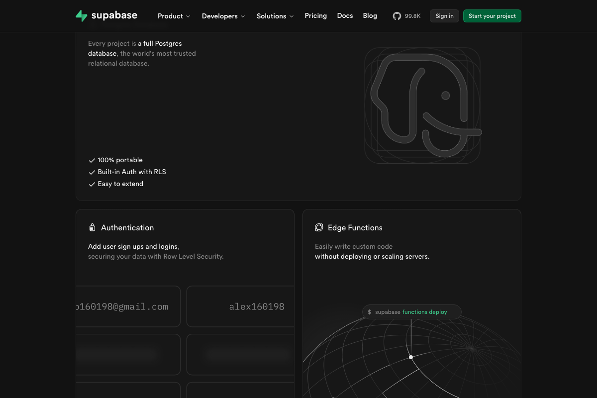 Supabase feature detail: full Postgres with Row Level Security, Authentication, and serverless Edge Functions