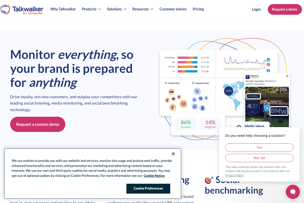 Talkwalker by Hootsuite homepage showing its core positioning as a social listening and media monitoring platform, with no visible reference to LLM Insights functionality.