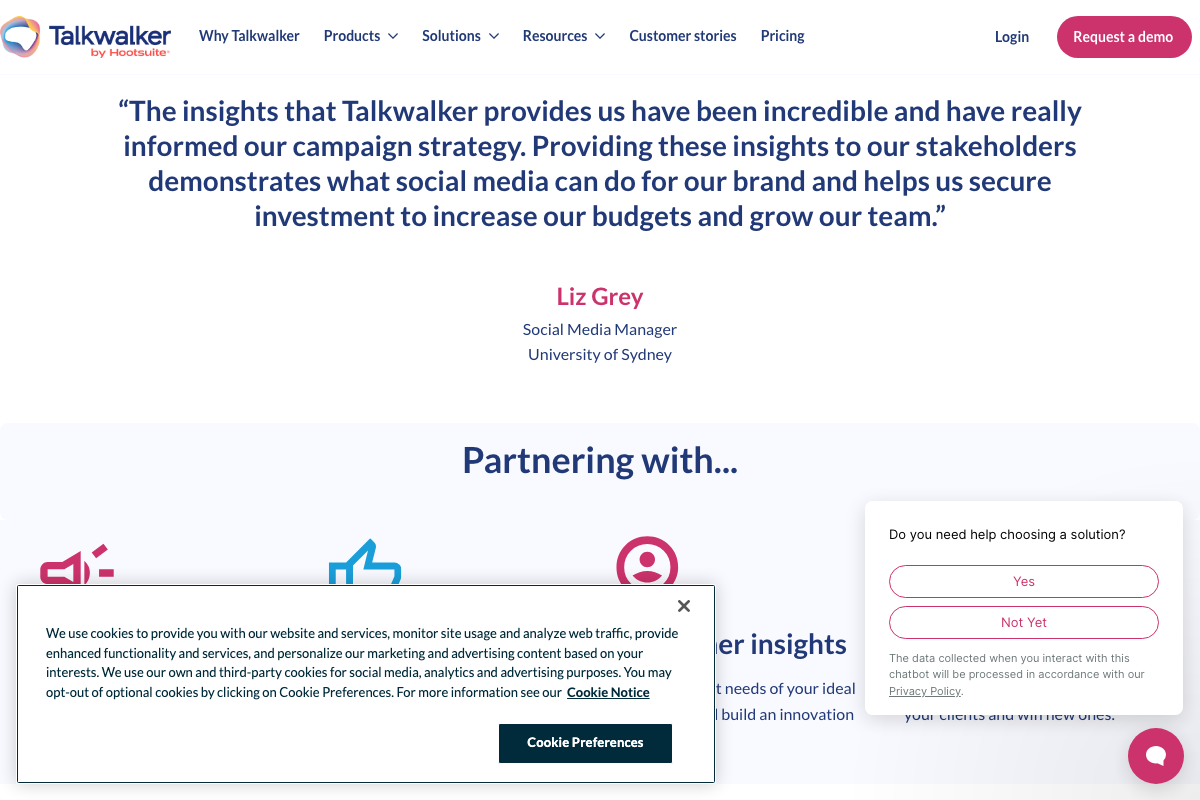 Talkwalker testimonial and partner section showing traditional social media monitoring use cases from enterprise clients.
