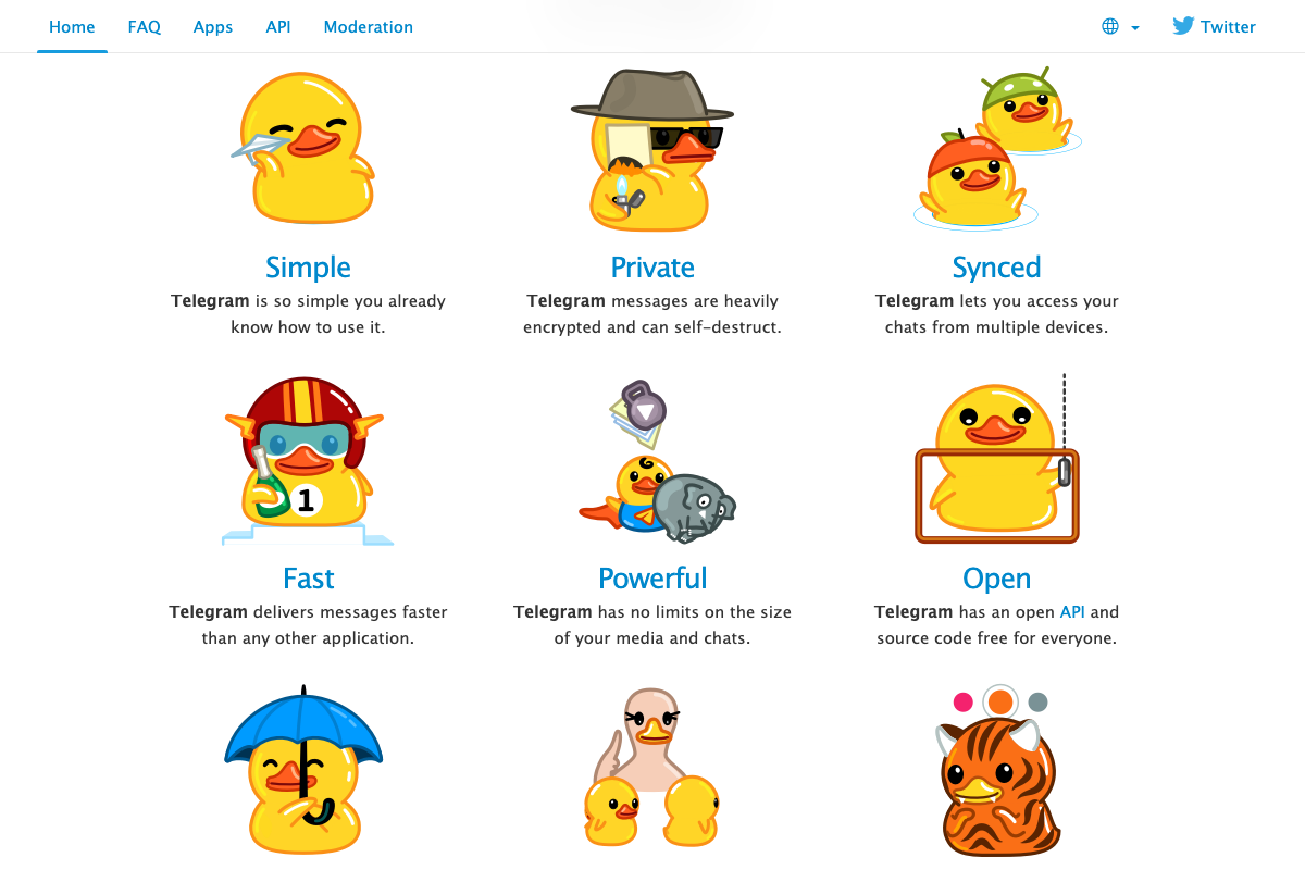 Telegram.org feature overview: open API, encrypted messaging, no media size limits, multi-device sync