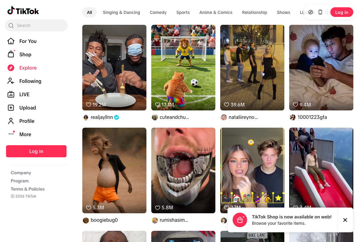 TikTok Explore page (unauthenticated) showing a standard mixed-content grid — no DM interface, no Epstein search, no blocking behavior visible
