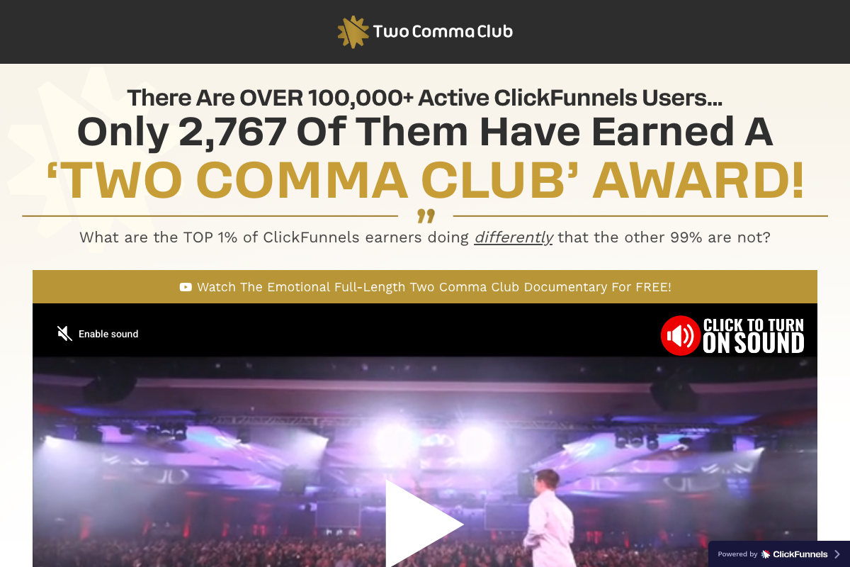 Two Comma Club official landing page showing scarcity framing: 2,767 award earners out of 100,000+ active ClickFunnels users.
