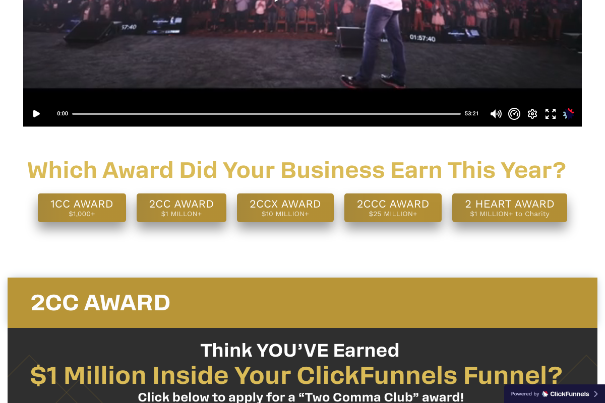 Two Comma Club award tier structure showing all five levels from 1CC through 2CCC and the charity-track 2 Heart Award.