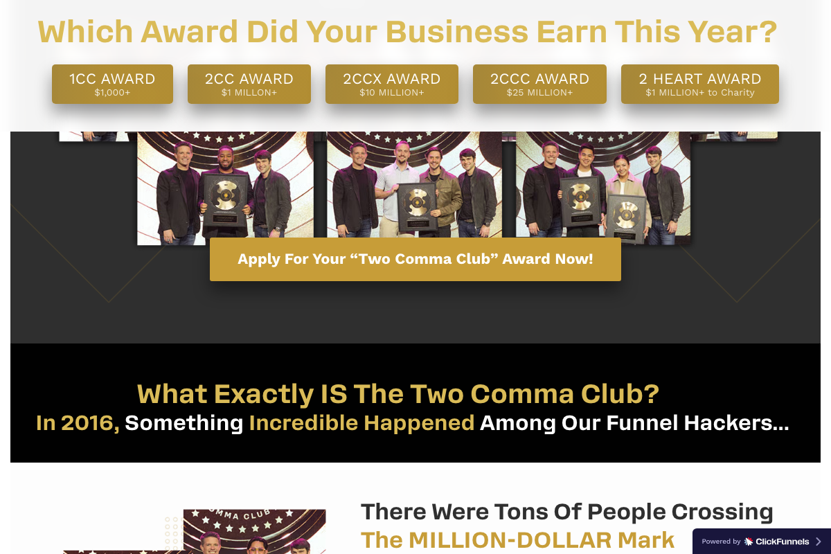 Two Comma Club origin narrative establishing the 2016 founding story and 'Funnel Hackers' tribal identity label.