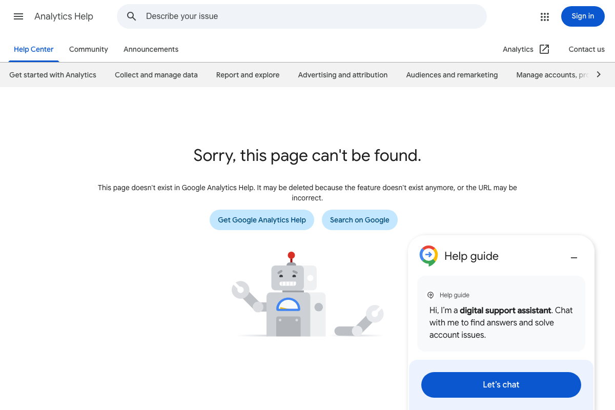 Google Analytics Help 404 — the UA multi-channel funnels documentation page at answer/2849230 no longer exists