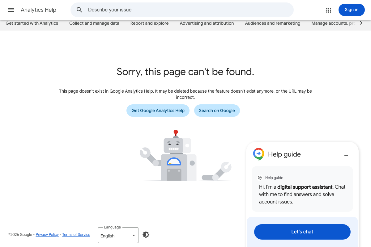Scrolled view of the same 404 — ©2026 Google footer confirms the removal is current, not a transient error