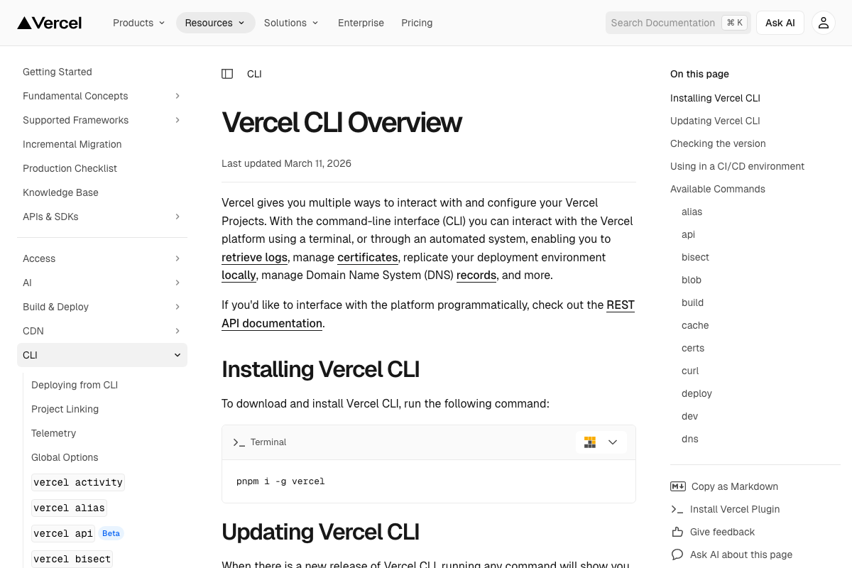 Vercel CLI Overview documentation page (last updated March 11, 2026) showing `pnpm i -g vercel` as the official install command.