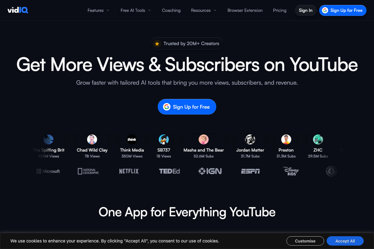 vidIQ homepage confirming the platform is a legitimate YouTube analytics tool trusted by 20M+ creators — the data source cited for the tutorial's niche rankings.