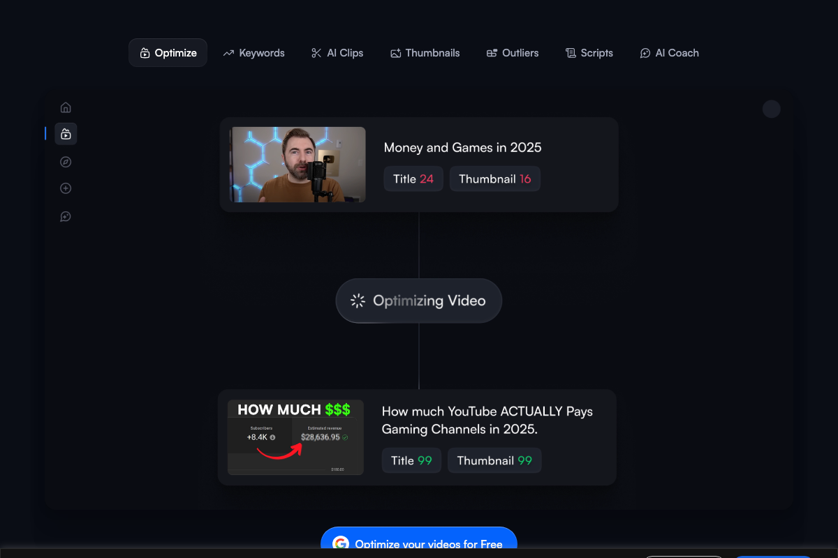 vidIQ Optimize tool showing before/after title and thumbnail scores; the demo thumbnail displays specific revenue figures and subscriber counts.