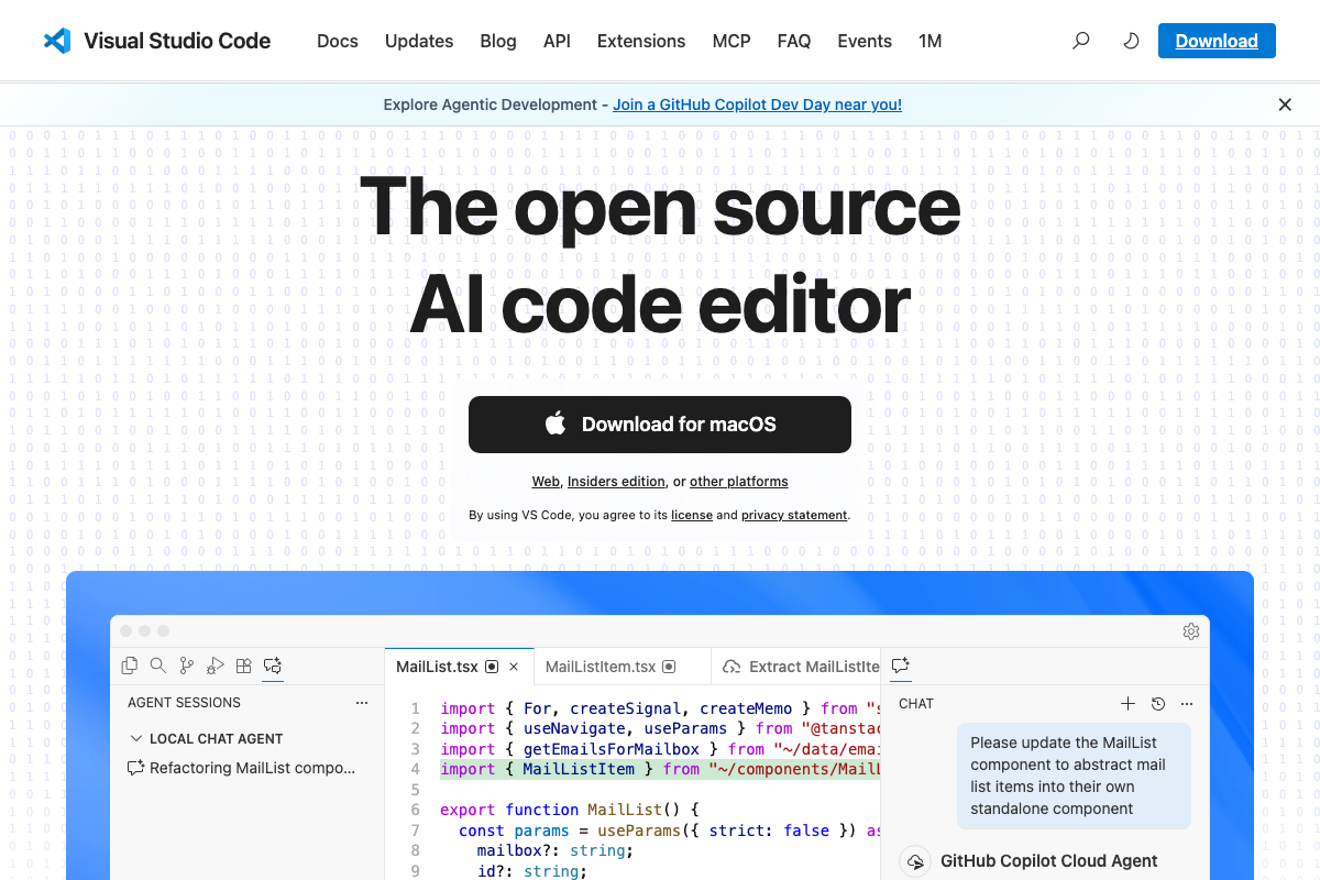 The VS Code homepage at code.visualstudio.com with its primary Download CTA and 'other platforms' link, confirming the install path from tutorial step 3