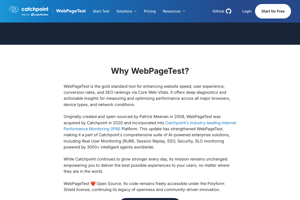 WebPageTest 'Why WebPageTest?' documentation confirming Core Web Vitals measurement, Catchpoint acquisition in 2020, and Polyform Shield open-source license.