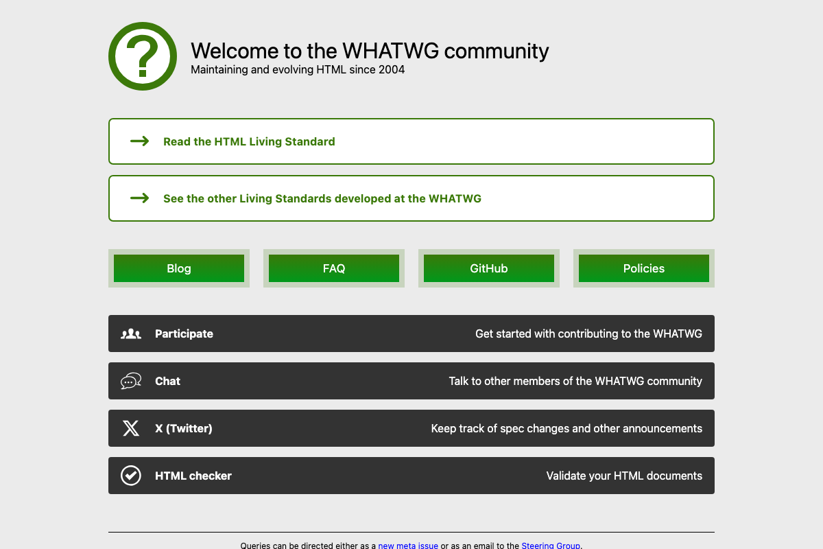 WHATWG community homepage — confirms the HTML Living Standard exists and is linked from here, but document size and load characteristics are not shown