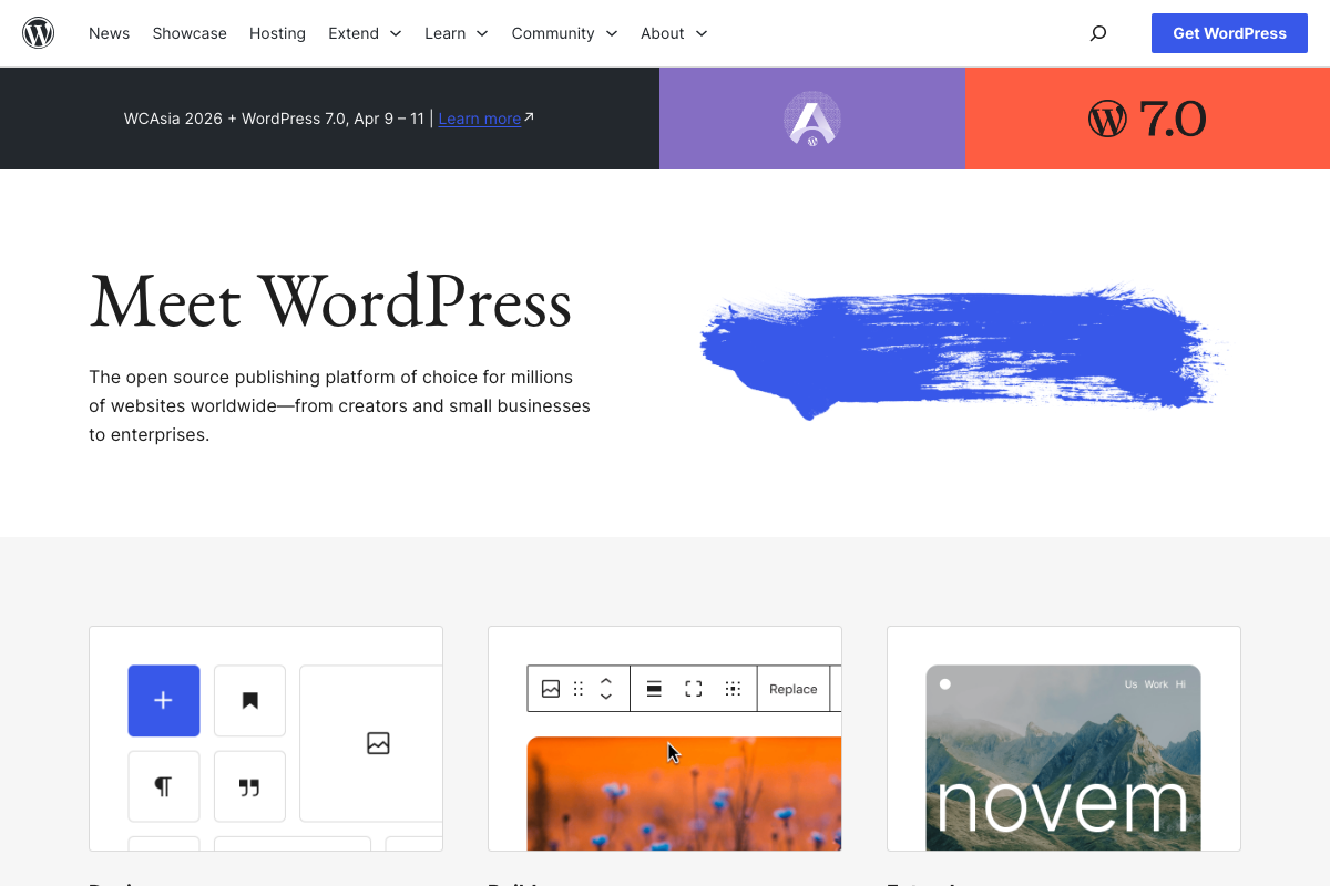 WordPress.org homepage with WordPress 7.0 announcement banner — confirms active platform status but shows no admin dashboard, redirect plugin, or .htaccess configuration interface.