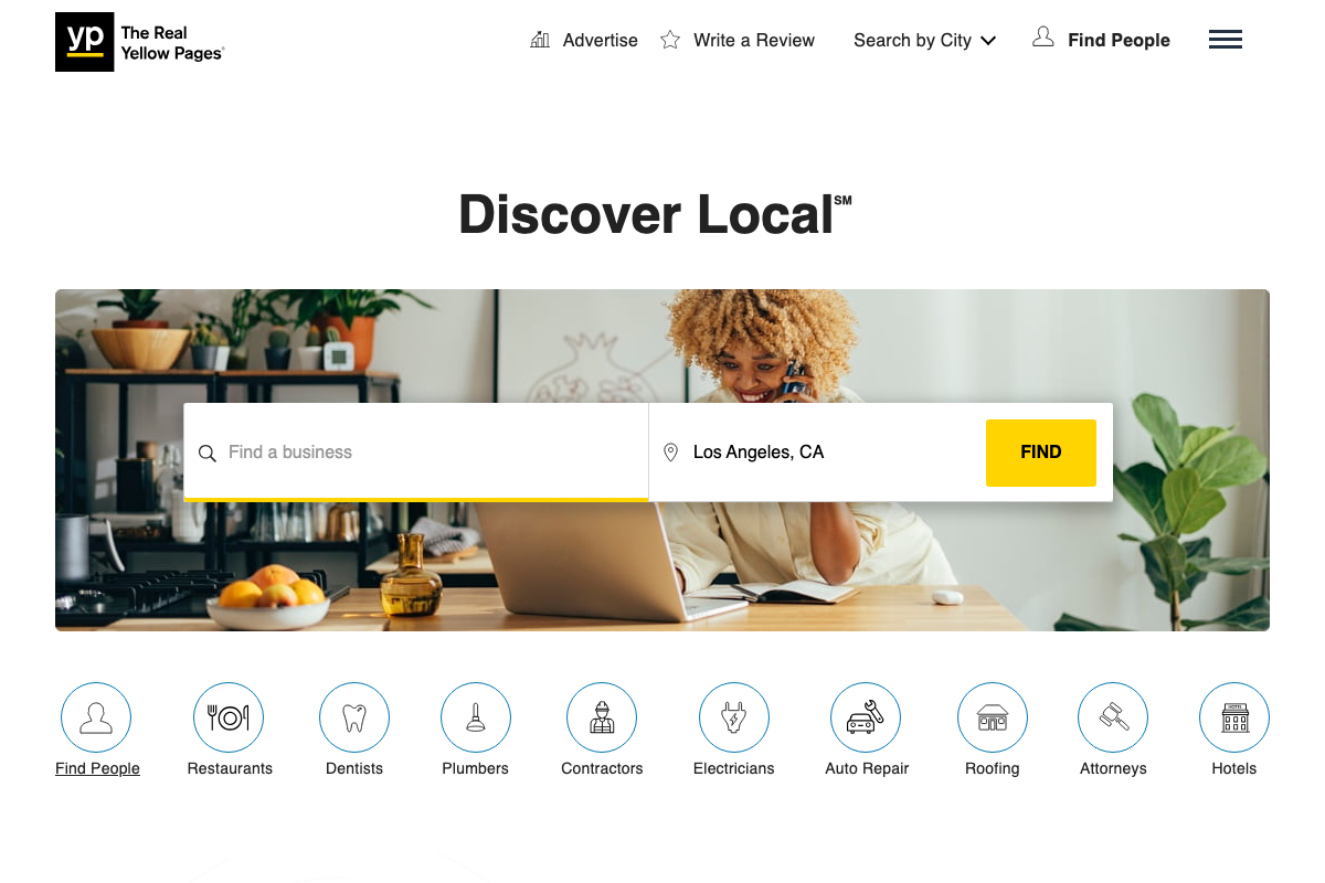 Yellow Pages homepage showing the location-aware business search interface and Plumbers as a browse category — confirming the site used in the tutorial's Demo Test 2