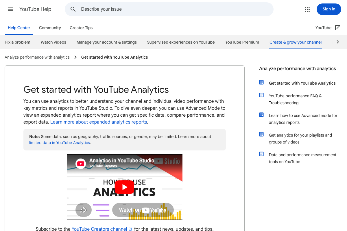 Official 'Get started with YouTube Analytics' help page showing the analytics overview, Advanced Mode mention, and a data-limitation notice