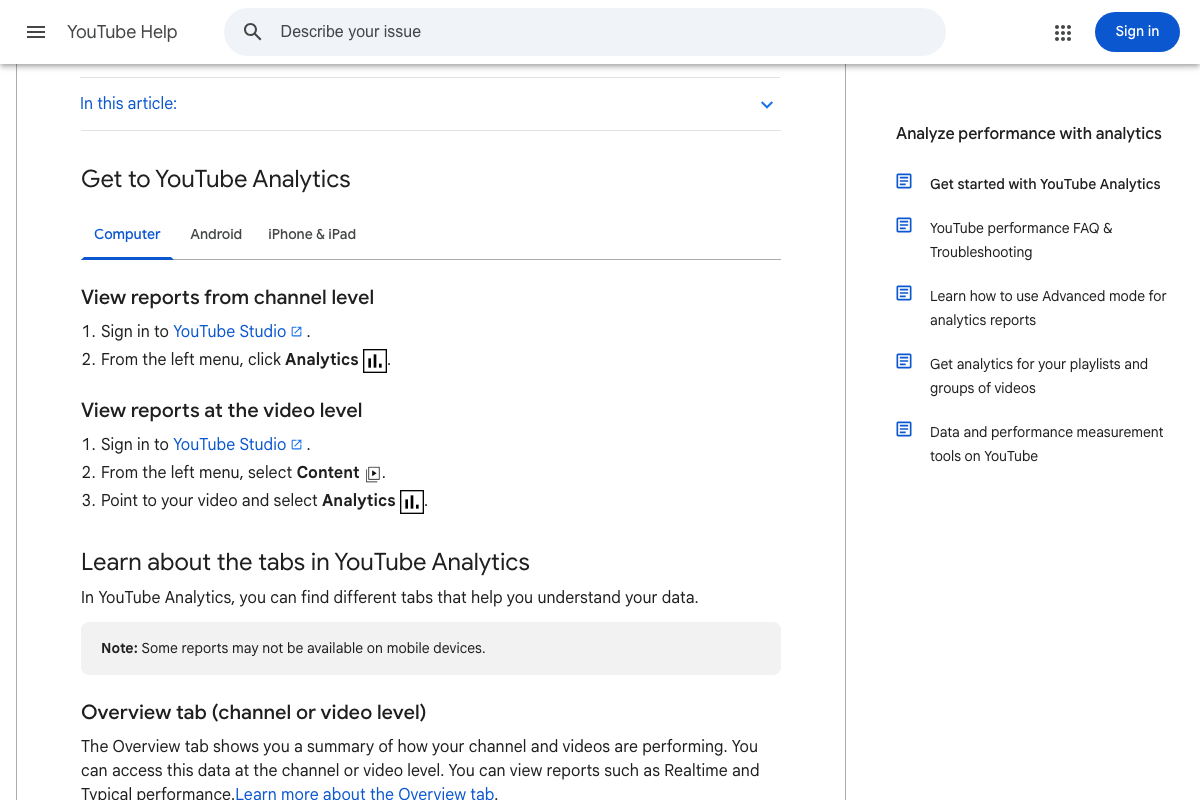 YouTube Analytics navigation instructions showing channel-level and video-level access paths via YouTube Studio