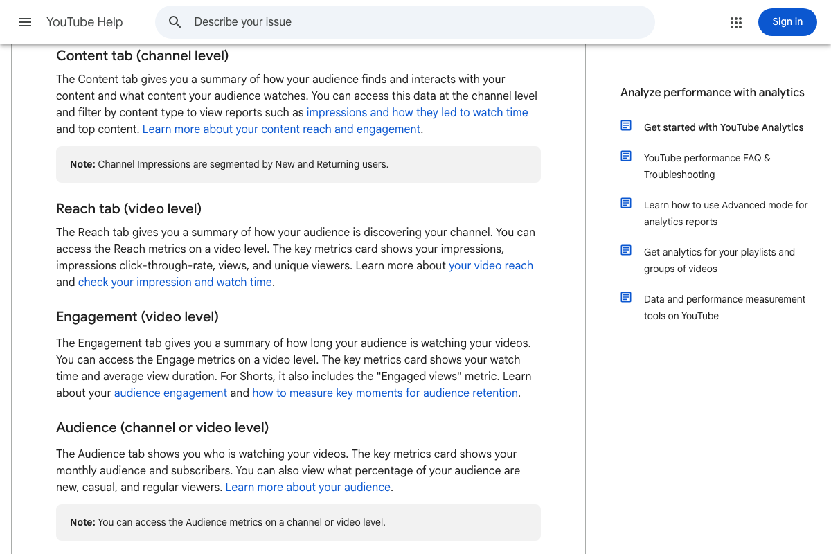 YouTube Analytics tab breakdown: Content, Reach, Engagement (including Shorts 'Engaged views'), and Audience tabs
