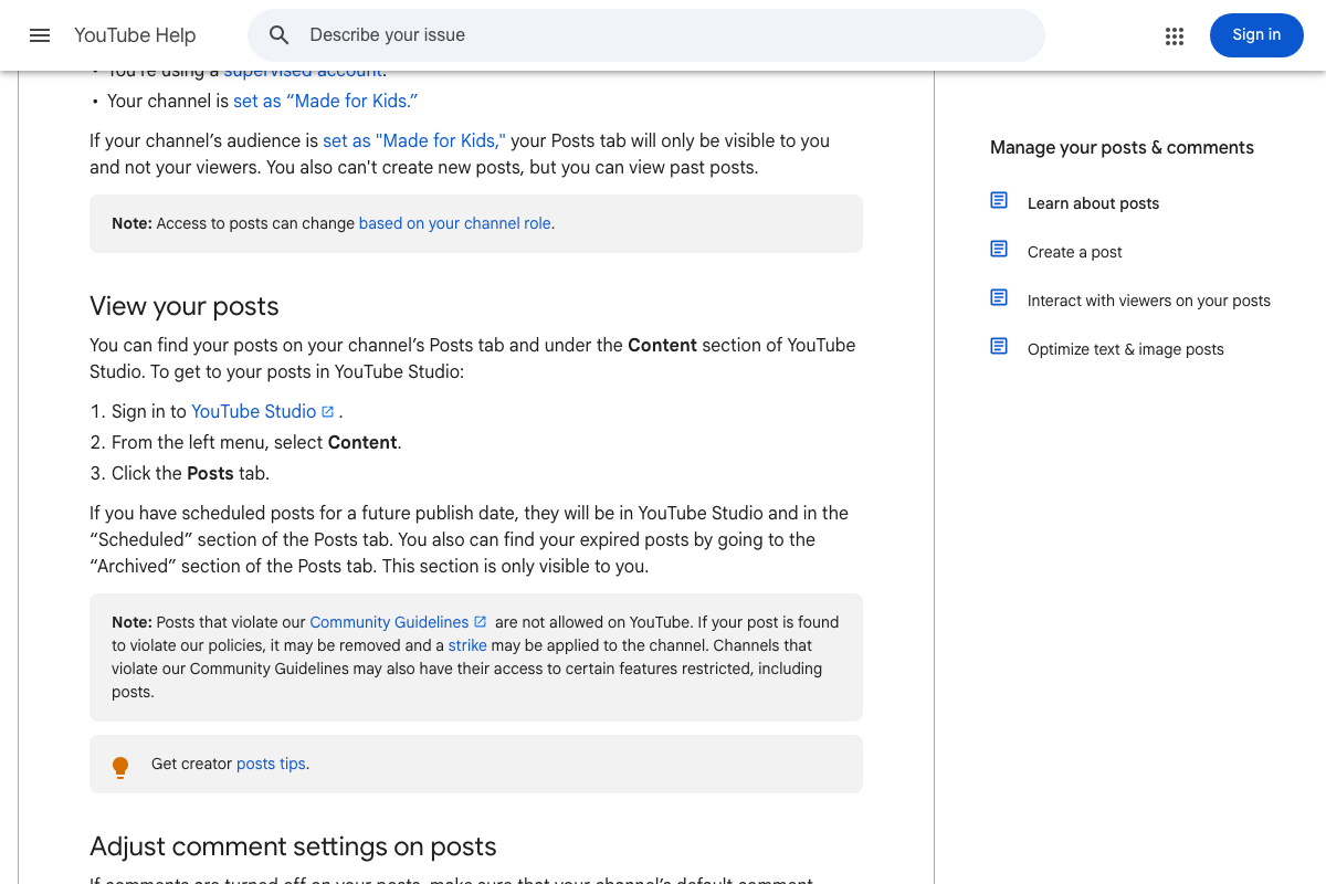 Posts eligibility restrictions and management interface — supervised accounts and 'Made for Kids' channels cannot use Posts