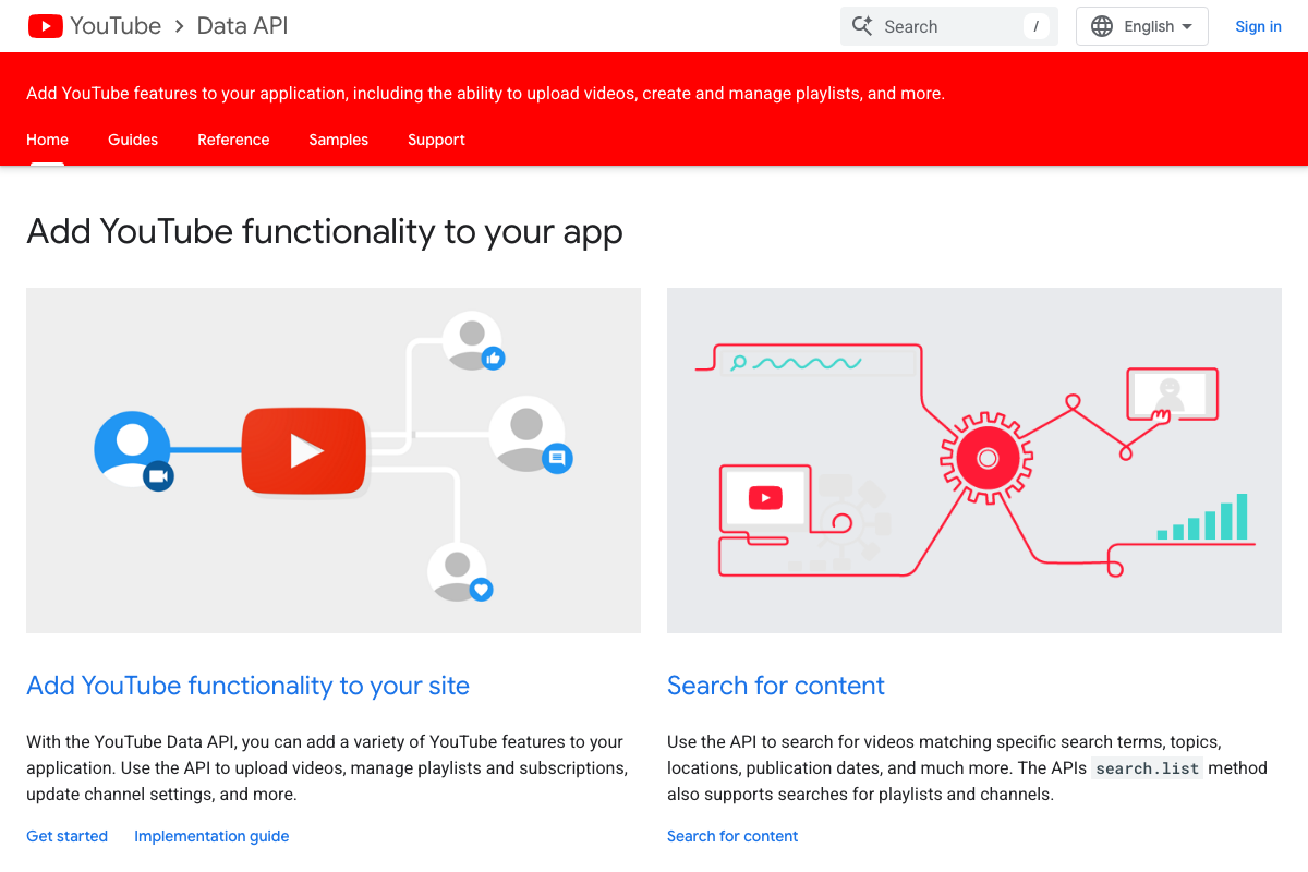 YouTube Data API v3 landing page at developers.google.com confirming the API's existence and scope for channel and video management