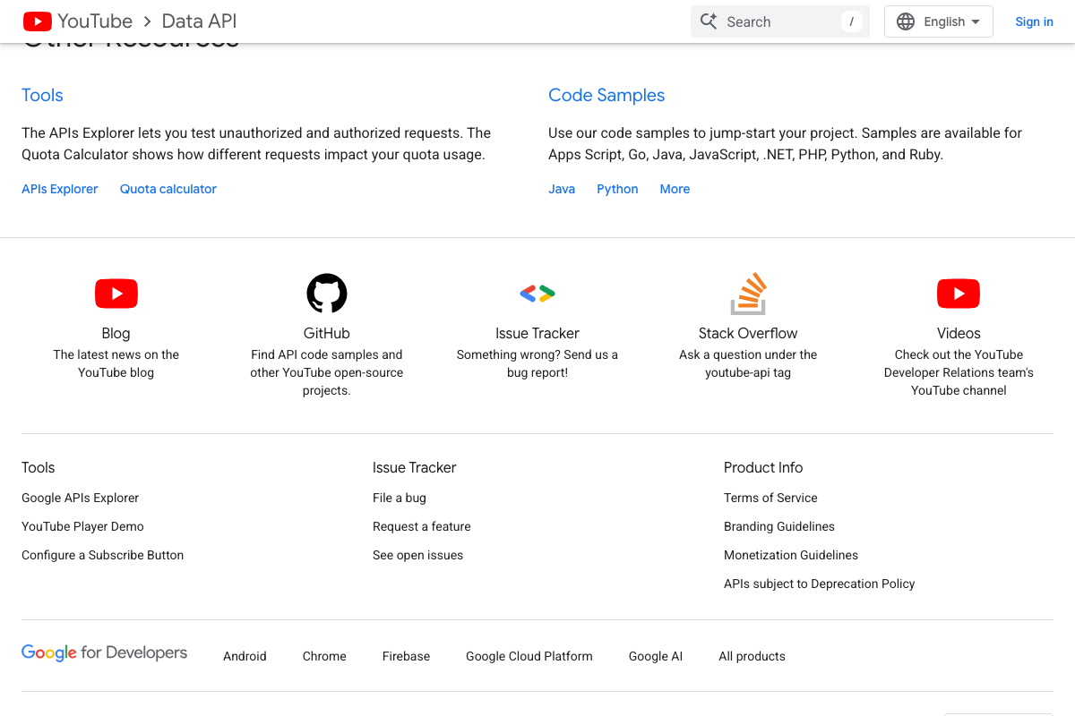 YouTube Data API 'Other Resources' section showing APIs Explorer, Quota Calculator, and multi-language code samples