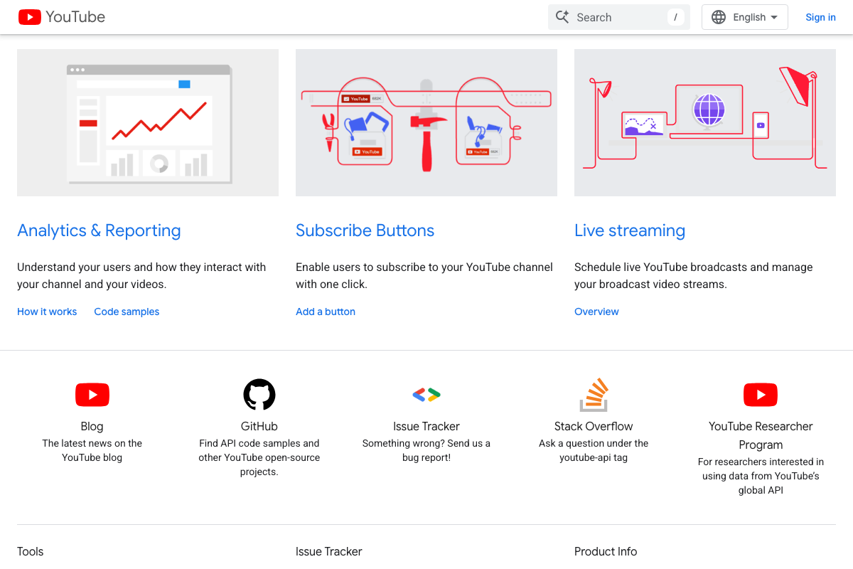 YouTube for Developers page showing the Analytics & Reporting API section with