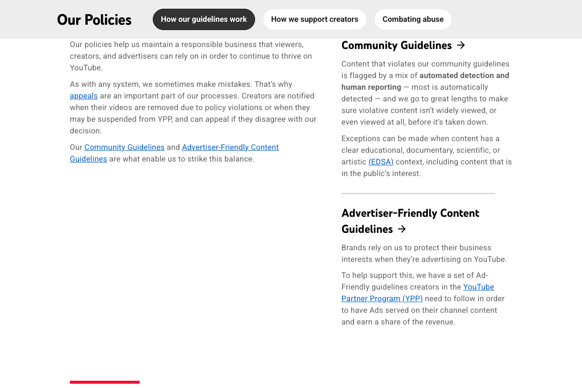 YouTube Our Policies overview confirming Community Guidelines and Advertiser-Friendly Content Guidelines — general framework, not the specific External Links Policy