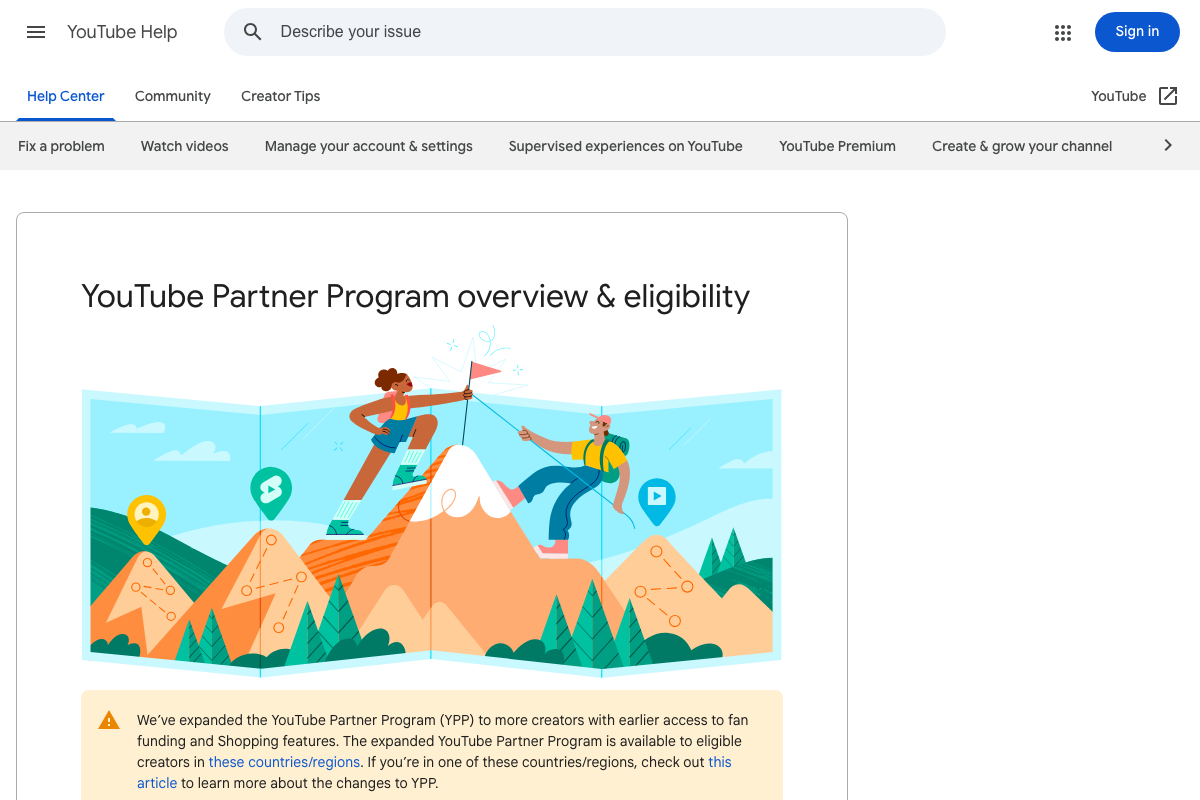 YouTube Partner Program overview page — YPP expansion notice highlighting fan funding and Shopping features for eligible creators