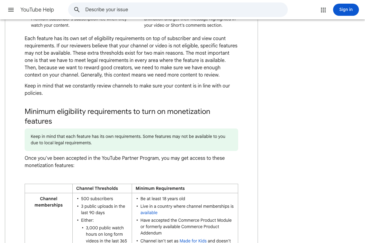 YouTube Help: YPP eligibility table showing 3,000 long-form public watch hours as a distinct threshold for Channel memberships, separate from Shorts view counts