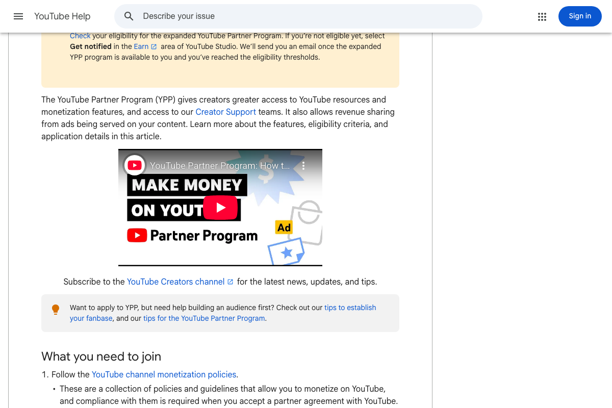 YPP eligibility page showing policy compliance as the first requirement — the primary gate affecting legally risky niches before subscriber thresholds apply.