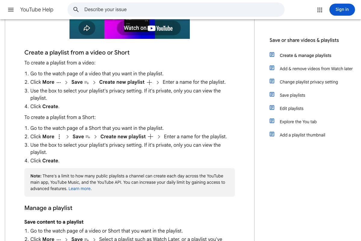 YouTube Help: Playlist creation workflow with documented daily limit on public playlist creation across YouTube apps and API