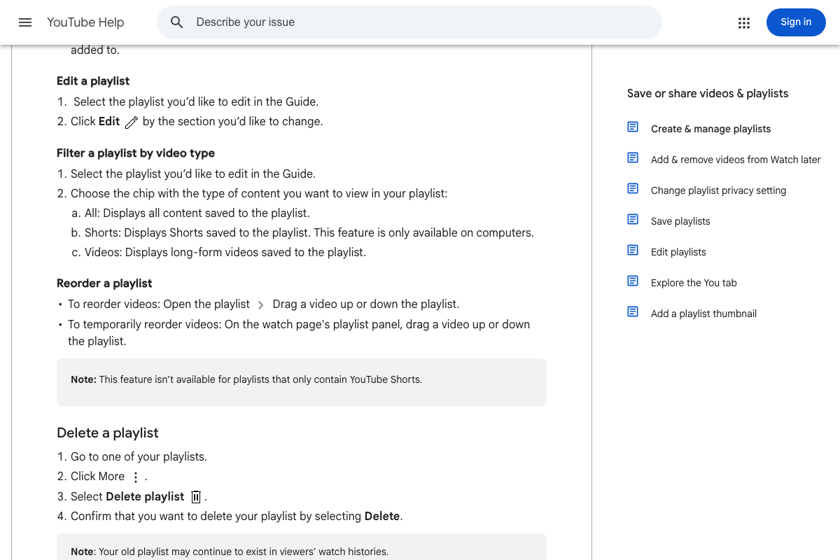 YouTube Help: Playlist 'Filter by video type' feature (All / Shorts / Videos) — officially documented as desktop-only, with drag-to-reorder disabled for Shorts-only playlists