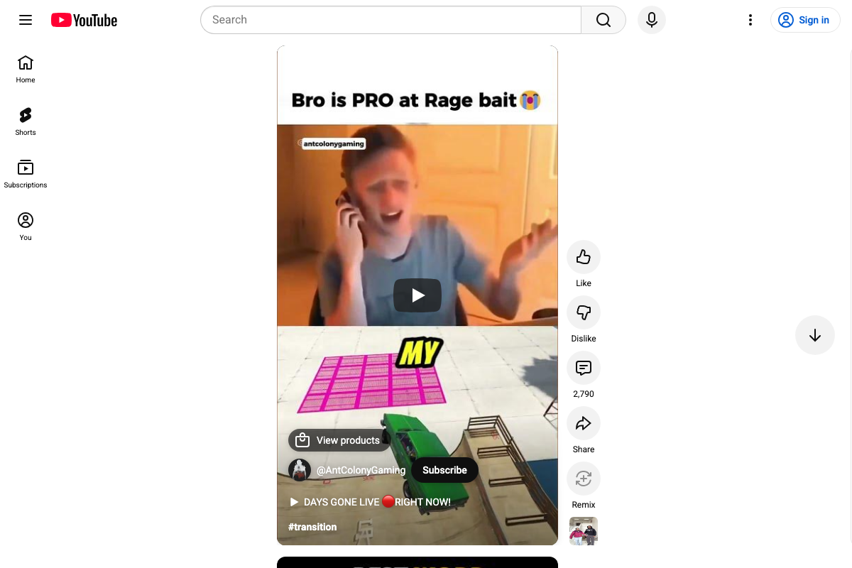 YouTube Shorts feed displaying on-screen text overlay ('MY') and #transition hashtag visible in caption