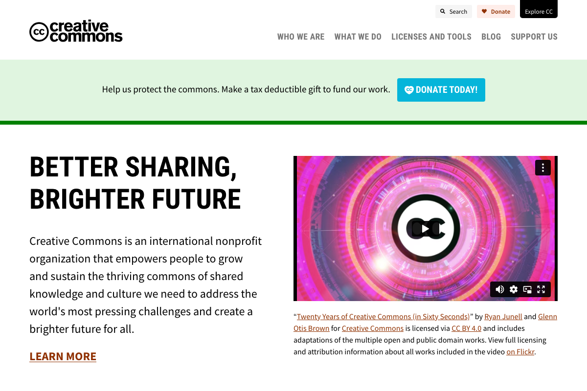 Creative Commons homepage confirming CC is an independent nonprofit licensing organization separate from YouTube's Standard License