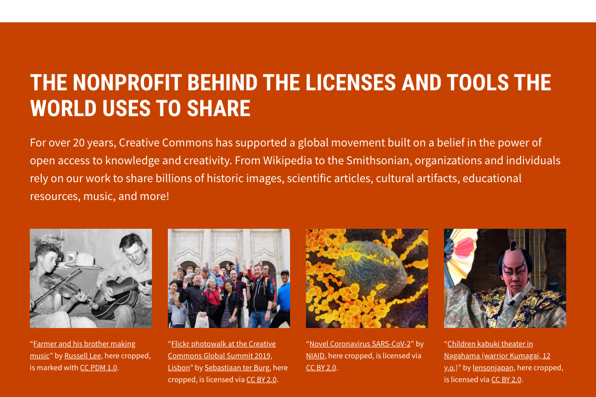 Creative Commons homepage showing Wikipedia, The Met, and Khan Academy as major CC adopters — illustrating the reuse implications of selecting CC licensing on YouTube