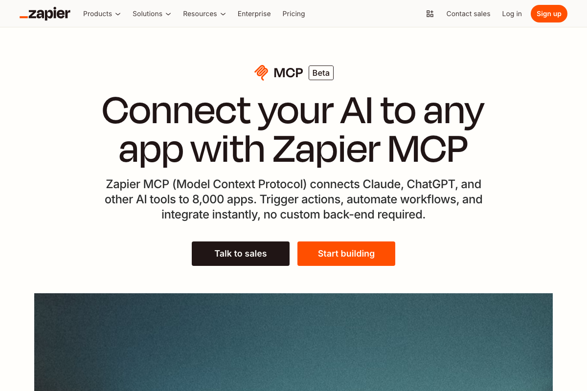 Zapier MCP landing page showing the 'Start building' CTA and 'MCP Beta' label — confirms the entry point described in step 8.