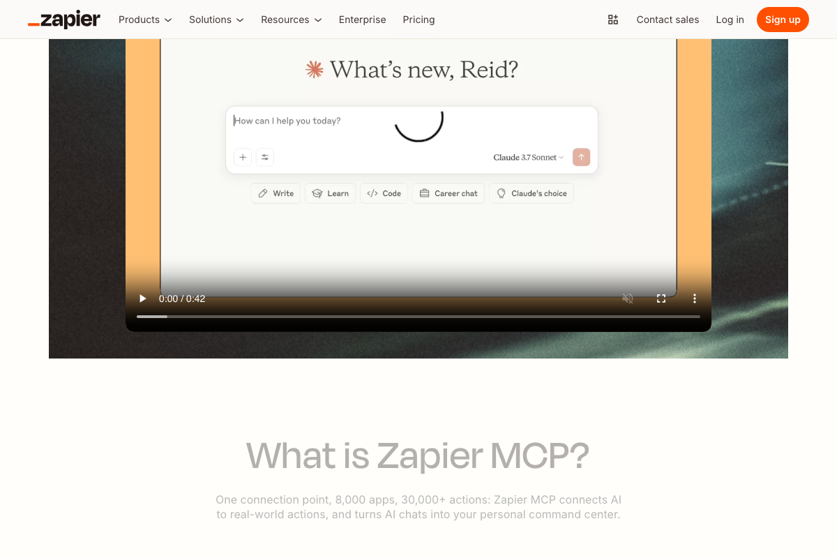 Zapier MCP blog page showing '8,000 apps, 30,000+ actions' and a Claude interface demo — the integration appears to work at the Claude chat layer, not exclusively within Cowork.