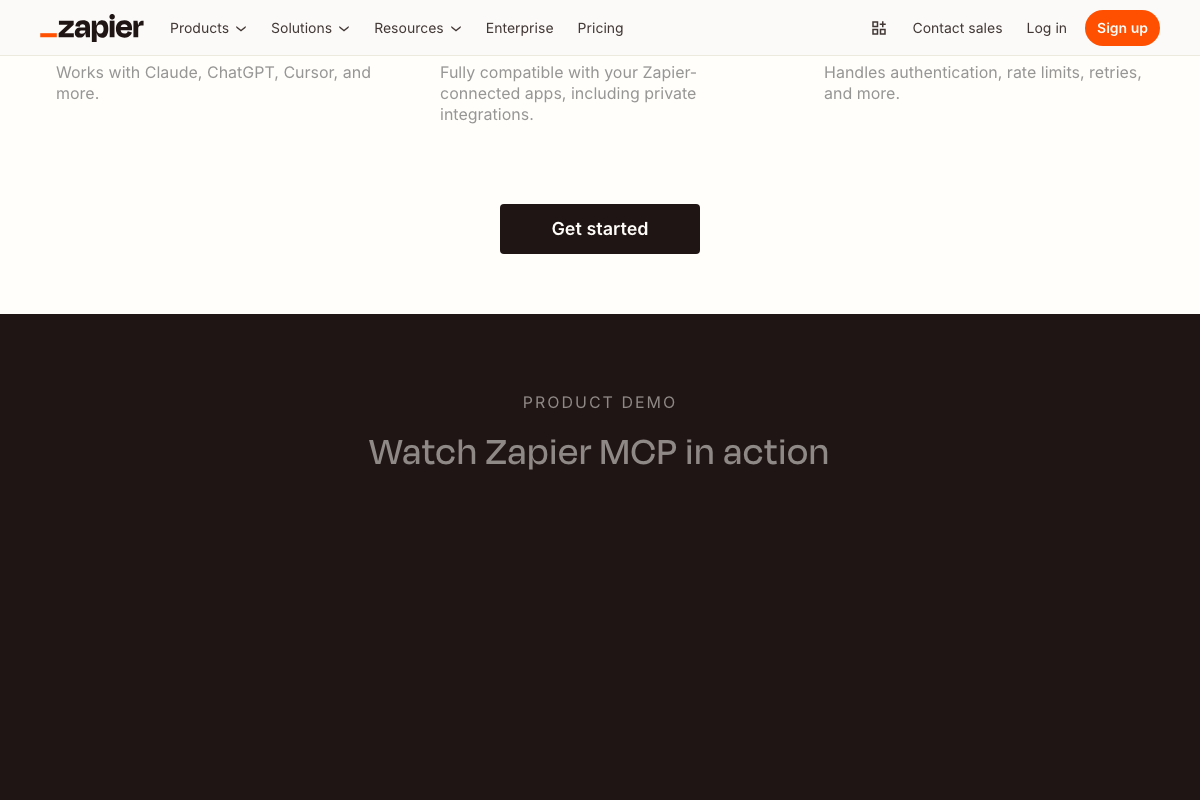 Zapier MCP features page confirming compatibility with Claude, ChatGPT, and Cursor, automatic auth and rate-limit handling, and support for private Zapier integrations.