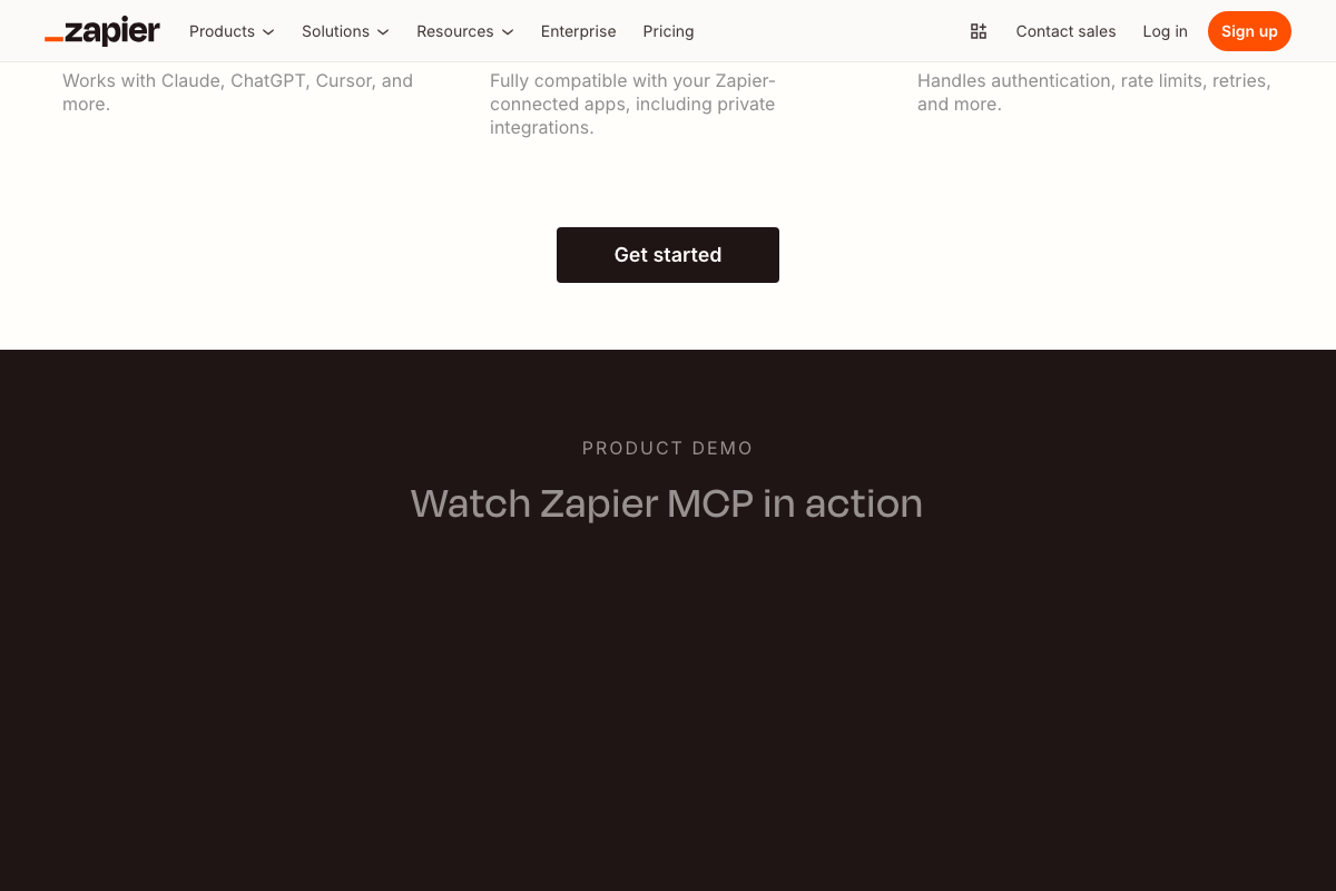 Zapier MCP features section confirming Claude compatibility and automatic auth handling.