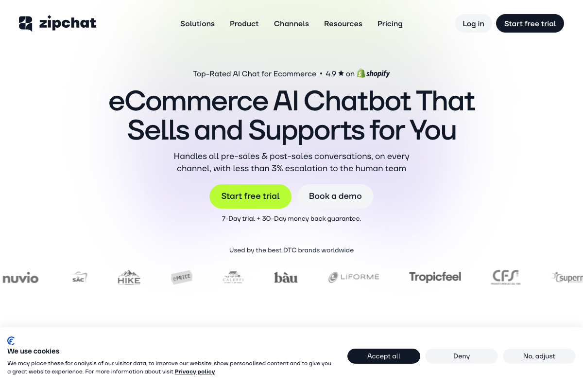 ZipChat.ai homepage hero section showing Shopify rating badge (4.9★) and multi-channel positioning