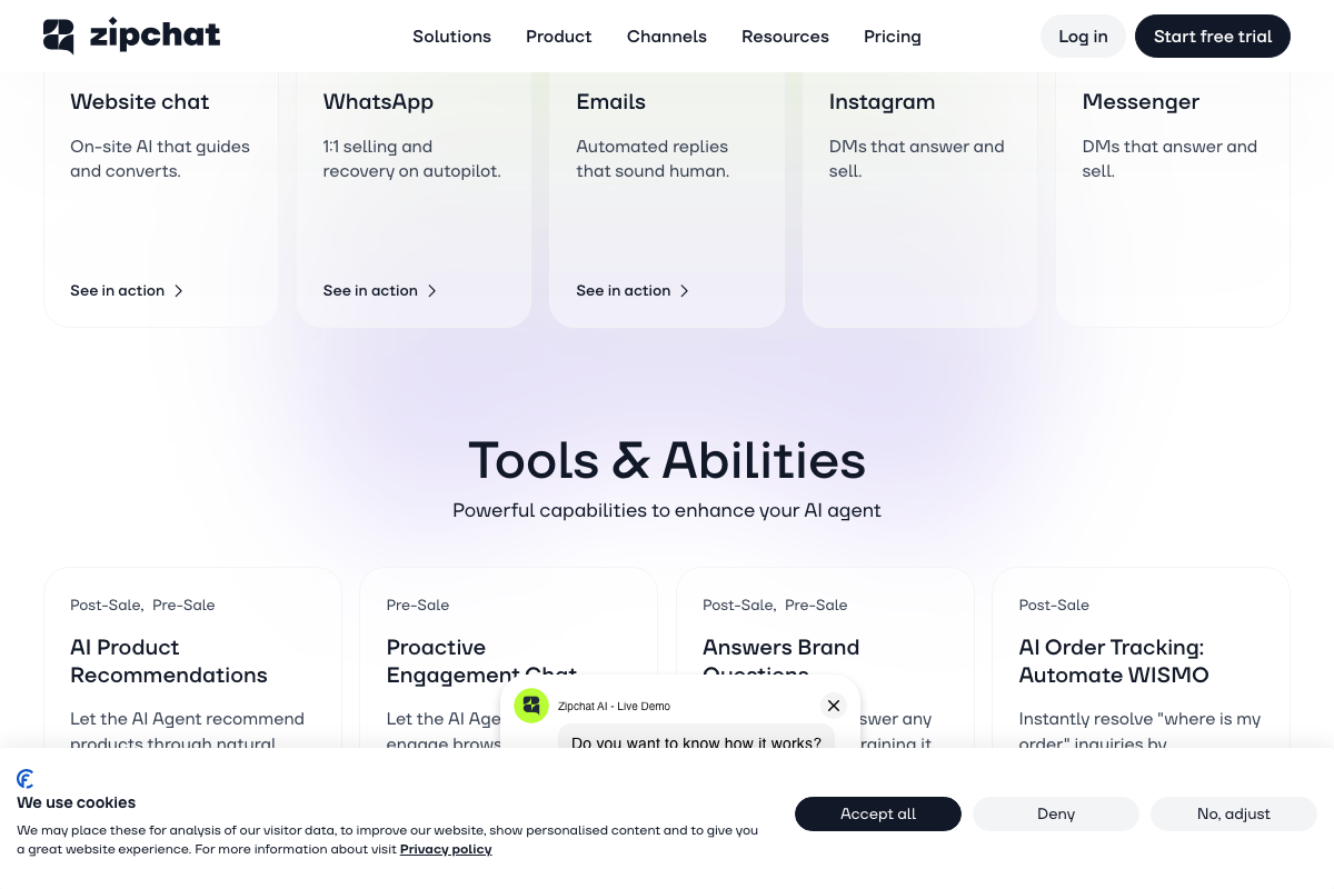 ZipChat 'Tools & Abilities' section confirming Proactive Engagement Chat, multi-channel support, and WISMO order tracking
