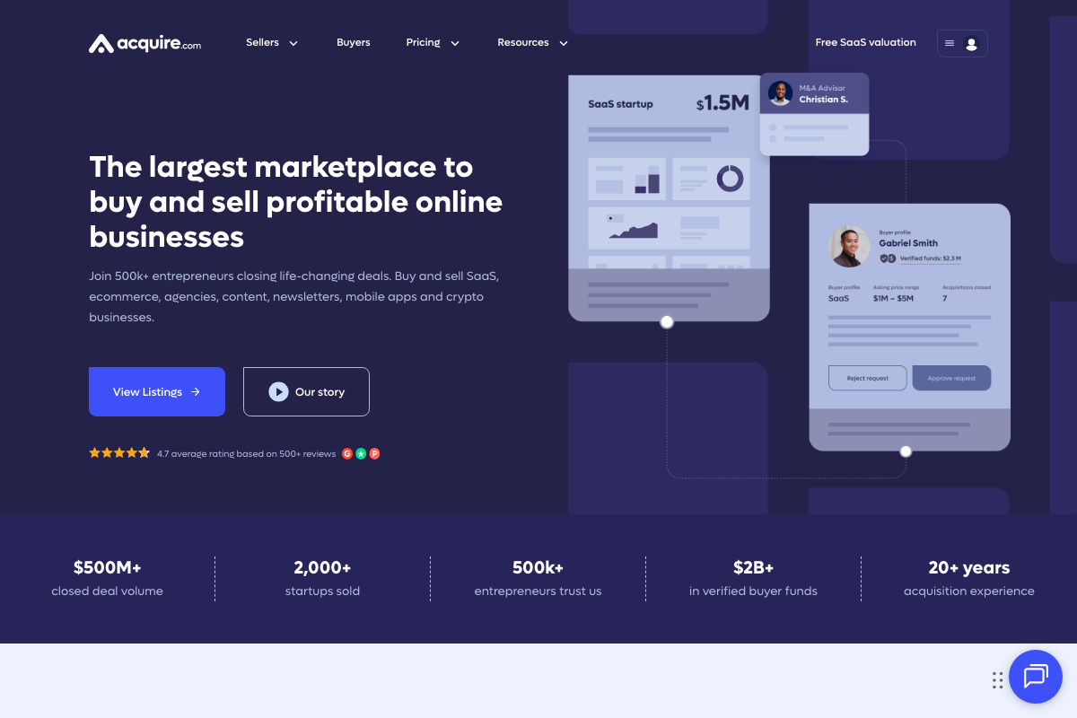 Acquire.com homepage showing SaaS as a listed category with $500M+ in closed deal volume and 2,000+ startups sold.