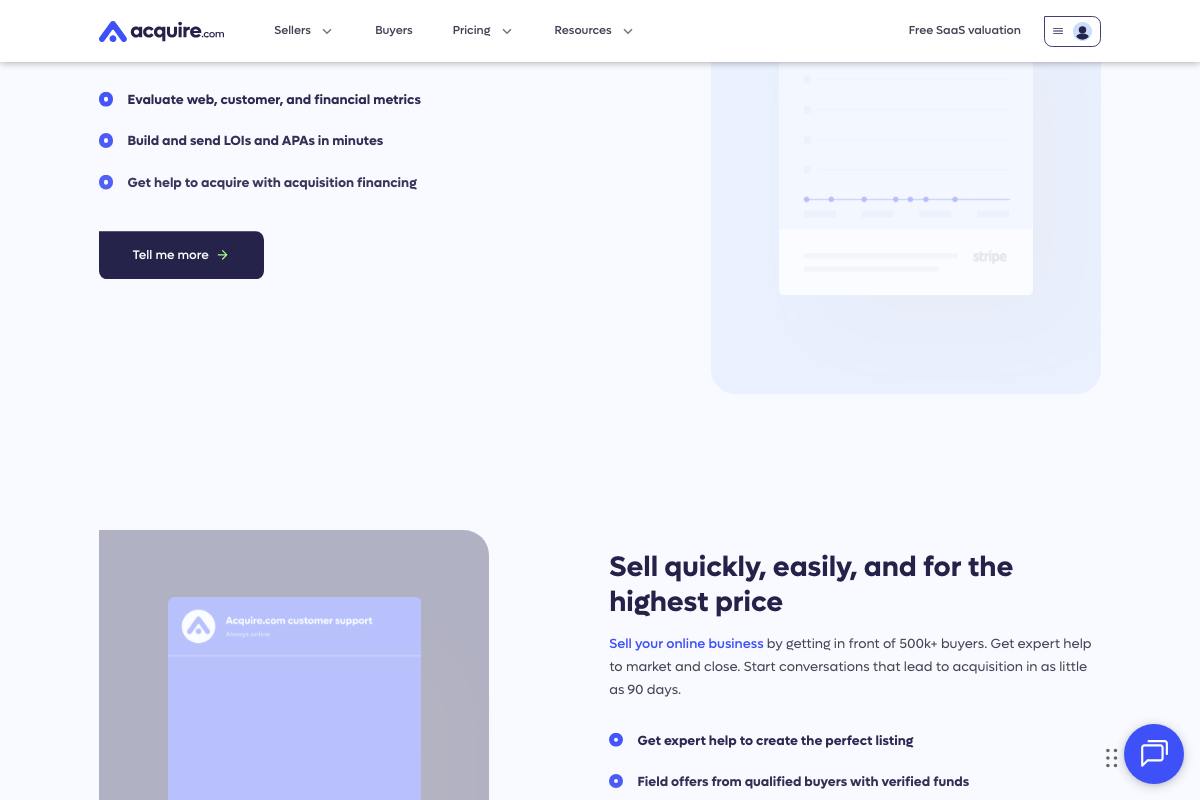 Acquire.com buyer feature list: evaluate metrics, build LOIs and APAs, access acquisition financing.